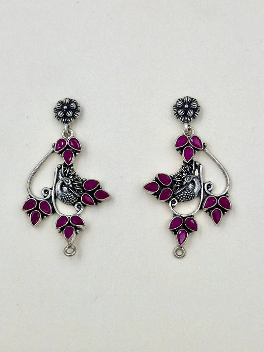 fancy stones studded, peacock shaped, oxidised sterling silver danglers