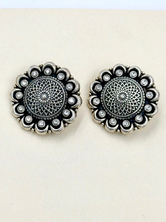 Oxidised, zircon studded, black daisy sterling silver studs