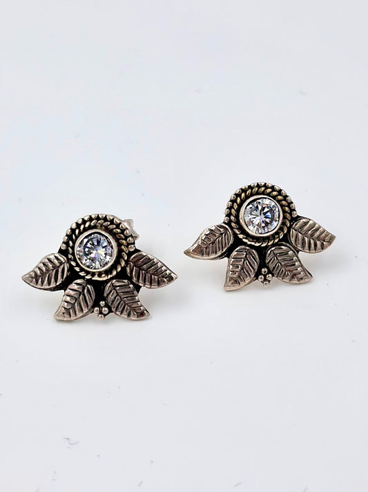 Oxidised, zircon studded, sterling silver leaf eye  shaped studs