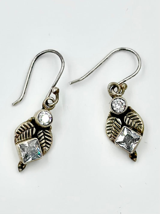 Zircon studded, leaf shaped, oxidised, sterling silver drop earrings