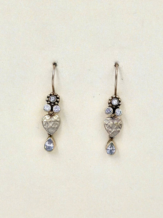 Zircon studded, cute, heart shaped oxidied sterling silver drop earrings 