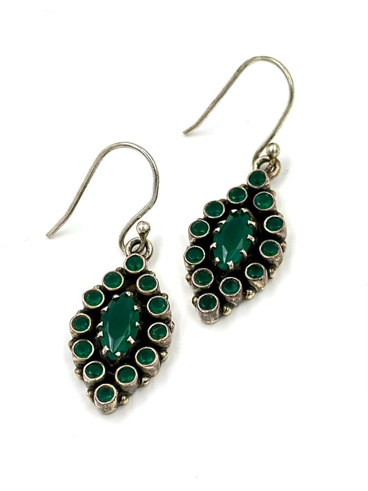 Green stones studded, pinecone shaped, oxidised, sterling silver earrings
