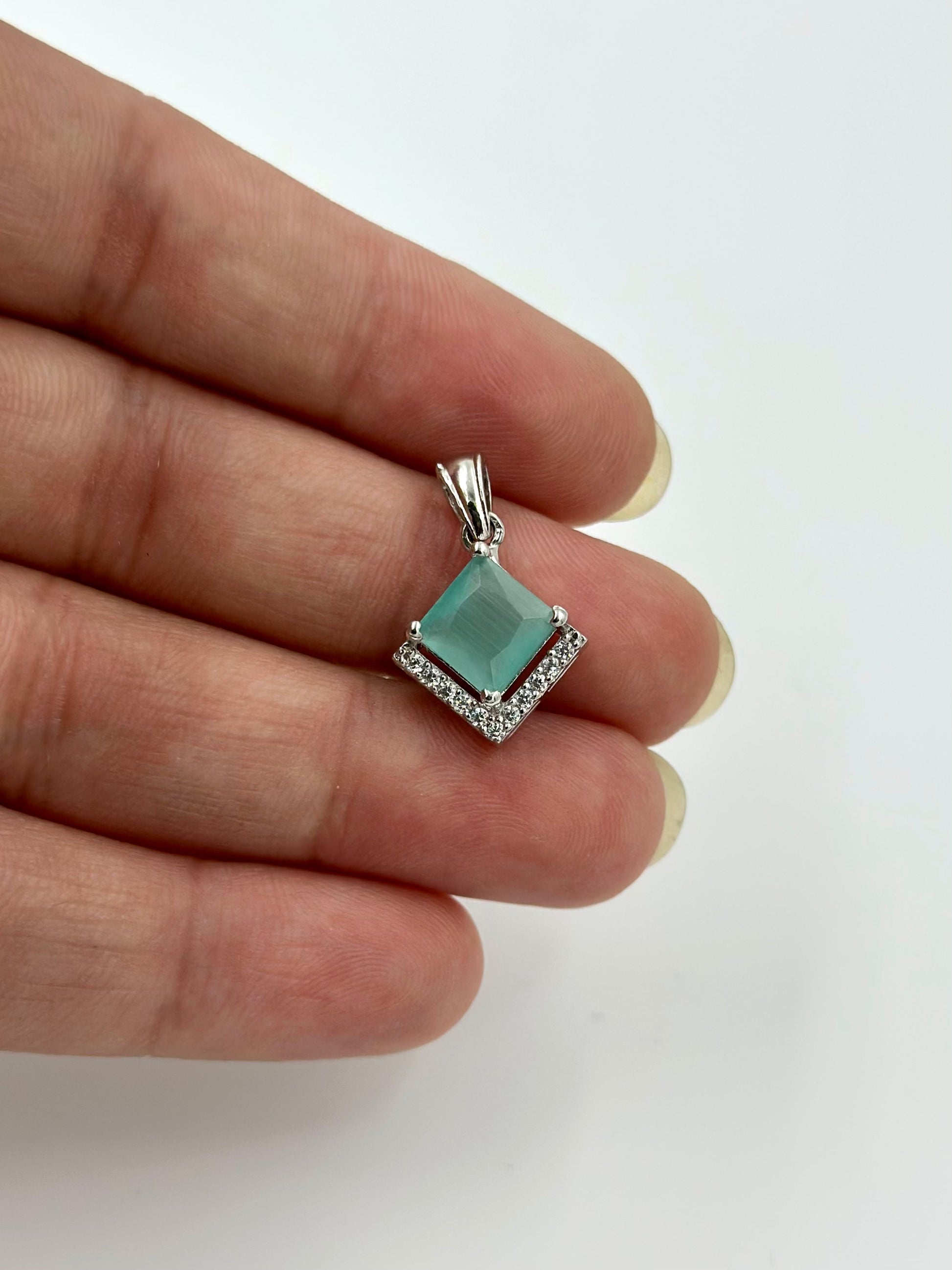 Zircon studded, square shaped with fancy stone sterling silver pendant