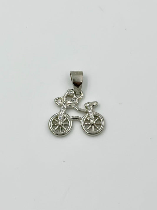 Bicycle shaped, zircon studded sterling silver pendant