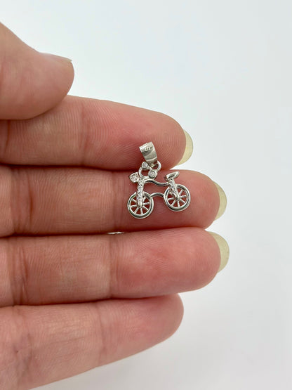 Bicycle shaped, zircon studded sterling silver pendant
