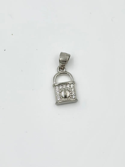 Zircon studded, lock shaped sterling silver pendant