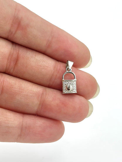 Zircon studded, lock shaped sterling silver pendant