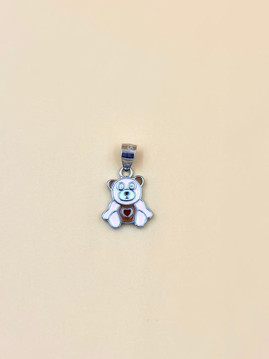 Zircon studded, enamel coated, teddy bear shaped sterling silver pendant