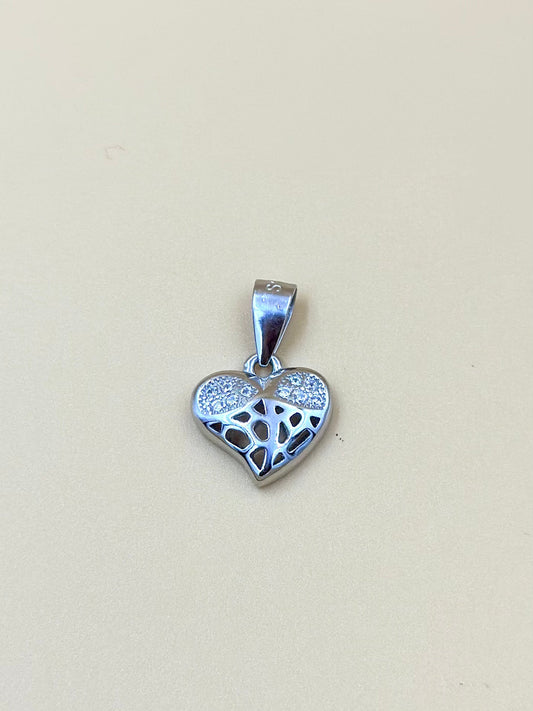 Zircon studded with fine detailing, heart shaped sterling silver pendant