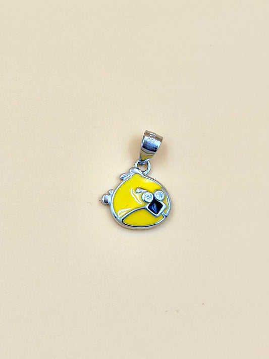 Zircon studded, enamel coated, angry bird shaped sterling silver pendant