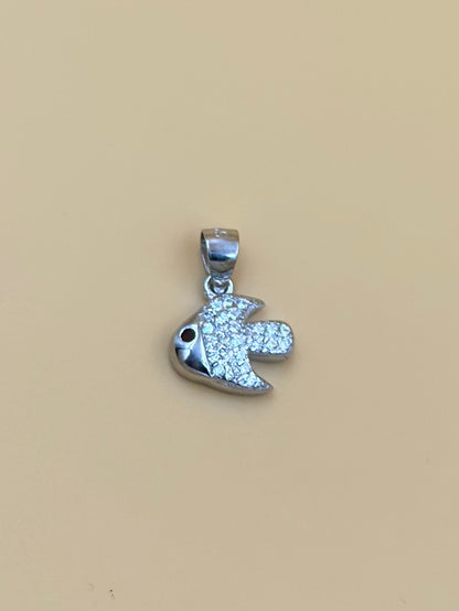Zircon studded, fish shaped sterling silver pendant