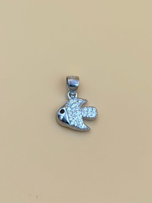 Zircon studded, fish shaped sterling silver pendant