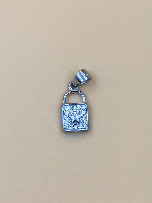 Zircon studded, lock shaped sterling silver pendant