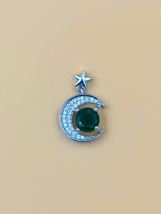 Zircon studded, enamel coated, half moon shaped sterling silver pendant