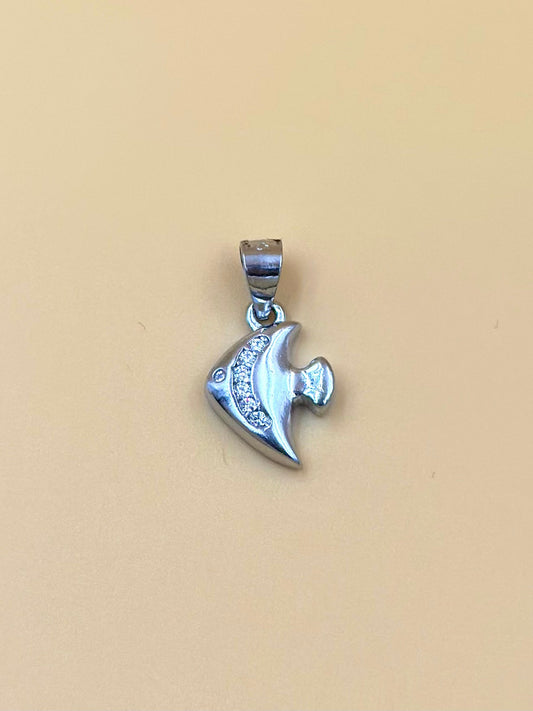 Zircon studded, fish shaped sterling silver pendant