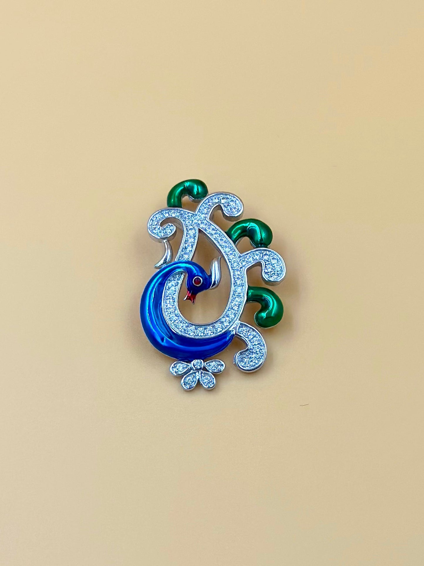 Zircon studded, enamel coated, peacock shaped sterling silver pendant