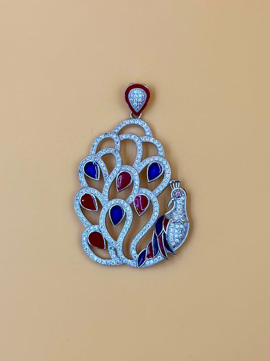Zircon studded, enamel coated, peacock shaped sterling silver pendant