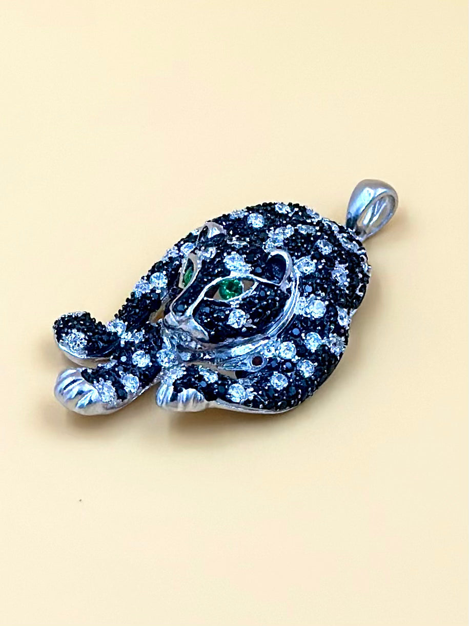 Zircon and fancy stone studded, Cartier Style, panther shaped sterling silver pendant