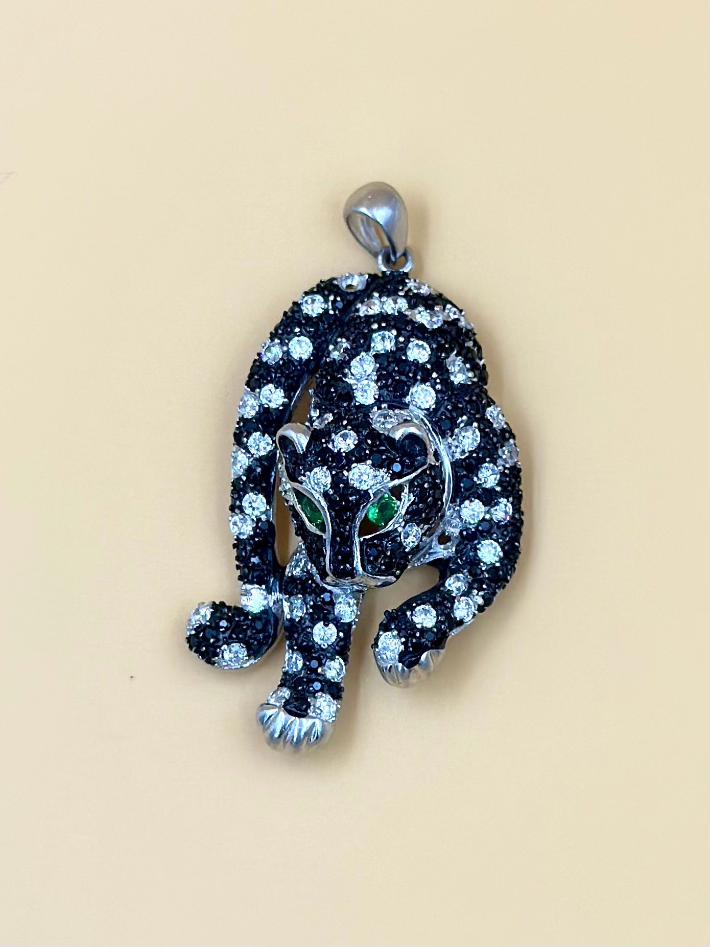 Zircon and fancy stone studded, Cartier Style, panther shaped sterling silver pendant