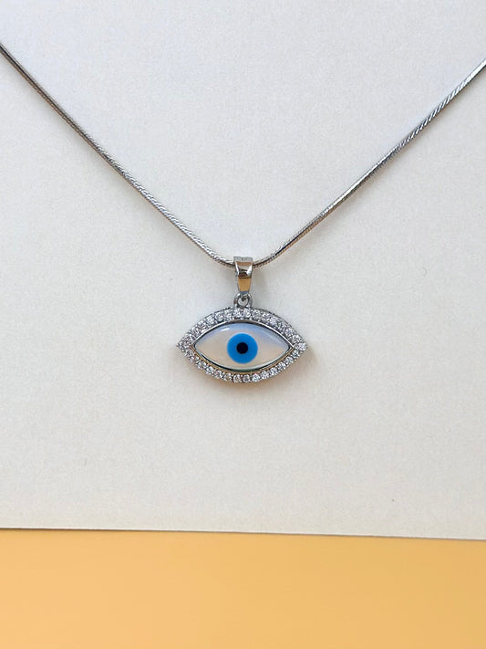 Zircon studded, enamel coated, evil eye sterling silver pendant