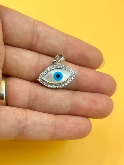 Zircon studded, enamel coated, evil eye sterling silver pendant