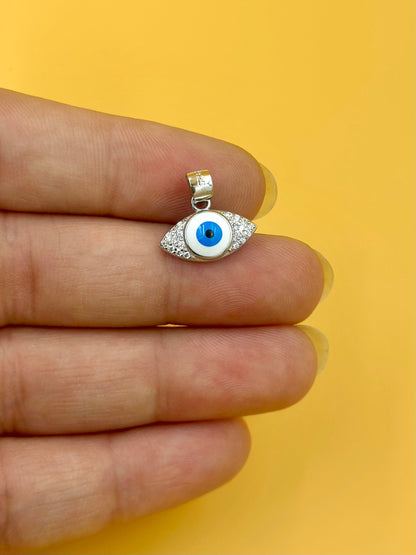 Zircon studded, enamel coated, evil eye sterling silver pendant
