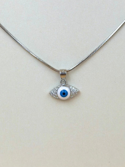 Zircon studded, enamel coated, evil eye sterling silver pendant