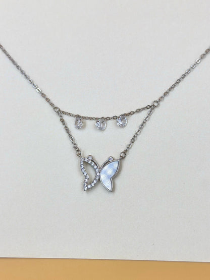 Zircon studded, butterfly shaped sterling silver pendant chain