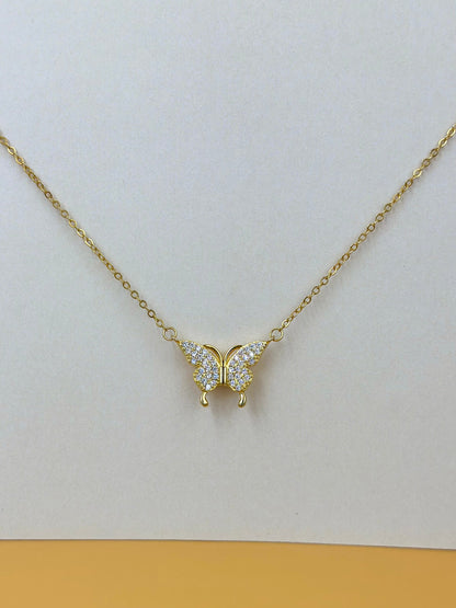 Zircon studded, butterfly shaped sterling silver pendant chain