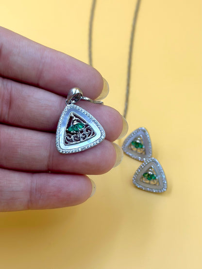 Triangle shaped, zircon studded sterling silver pendant set