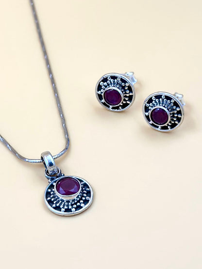 Ruby studded, oxidised sterling silver pendant set