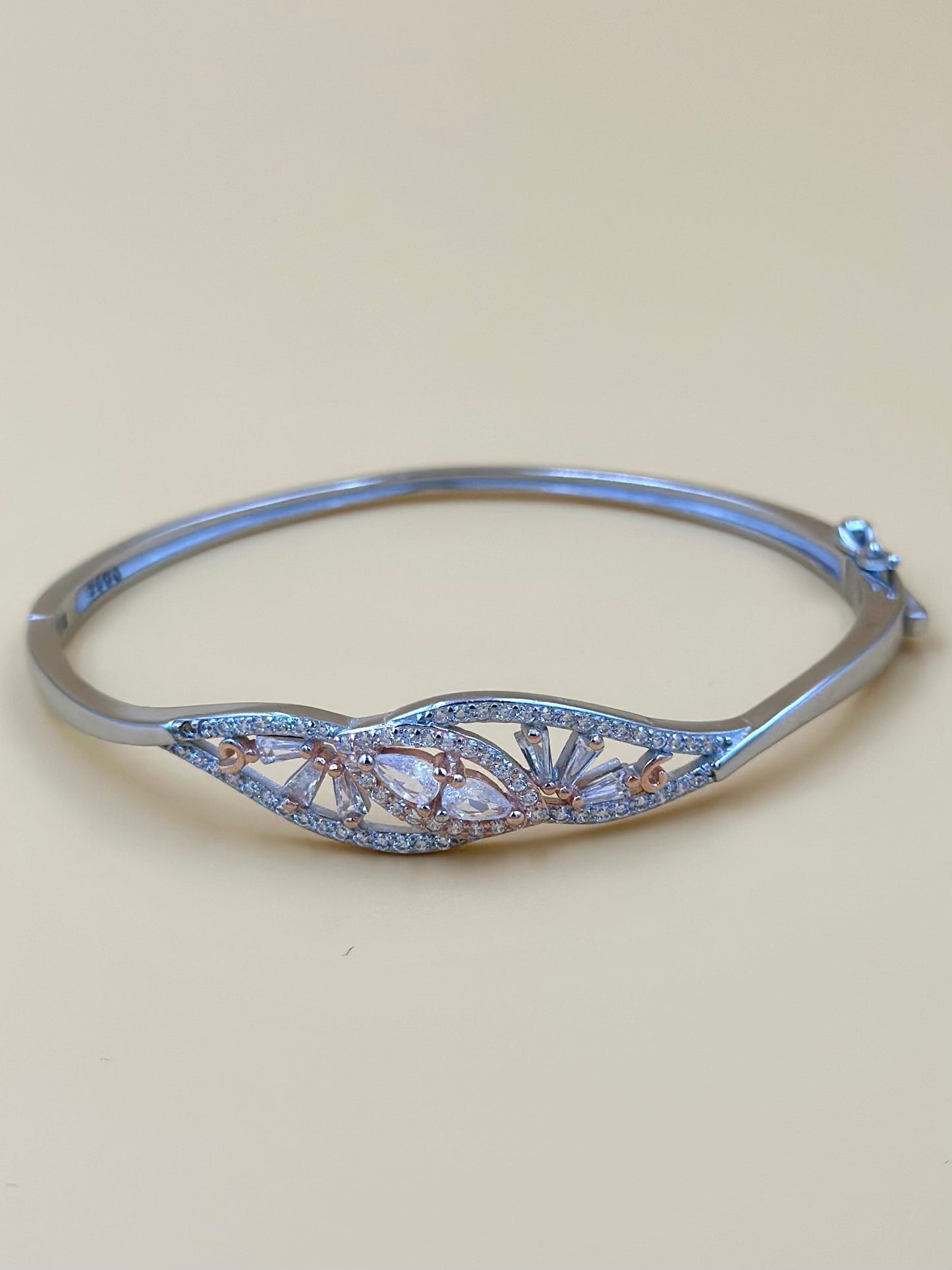 Stone and zircon studded, fine detailing sterling silver cuff bracelet