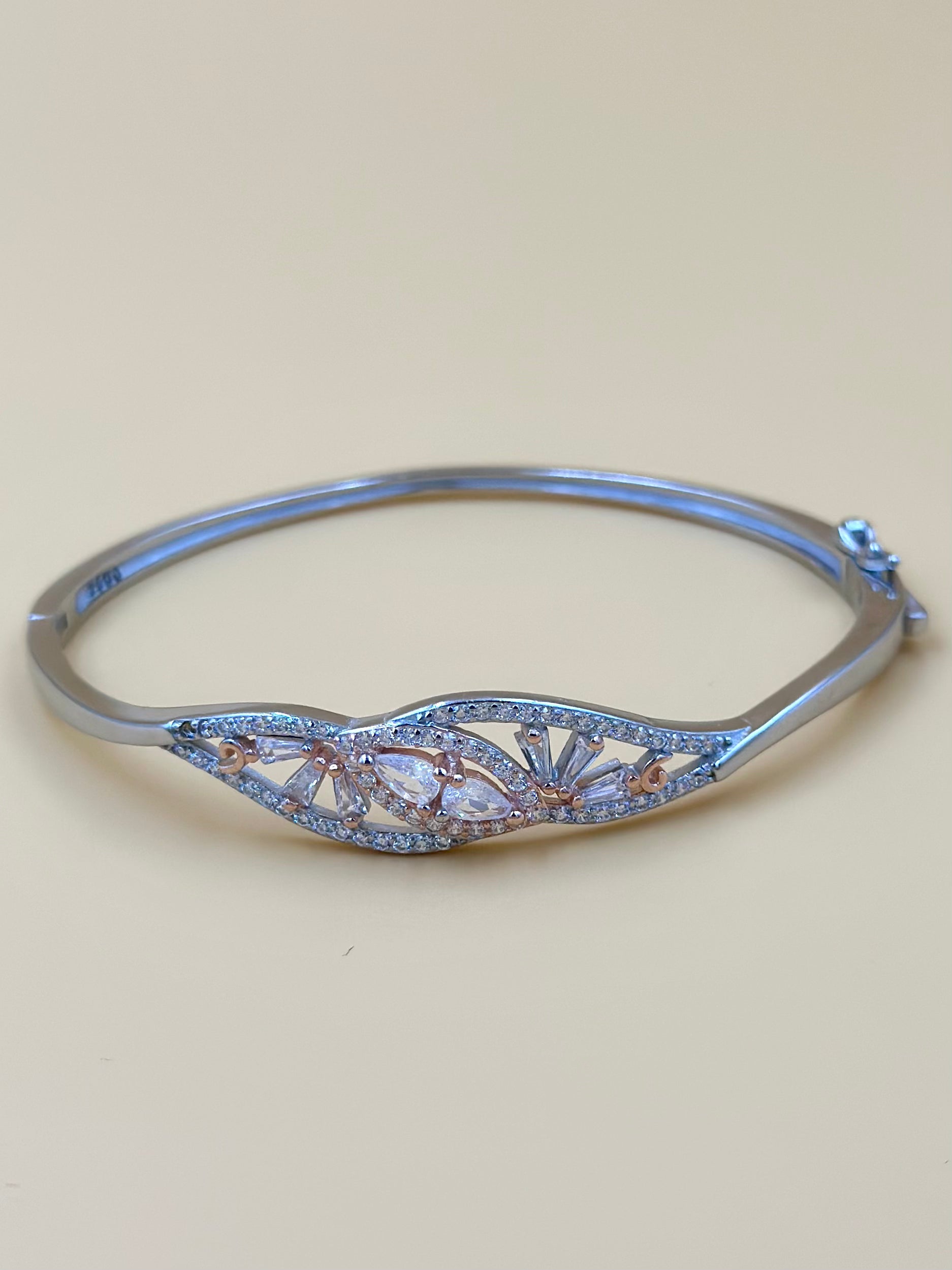 Stone and zircon studded, fine detailing sterling silver cuff bracelet