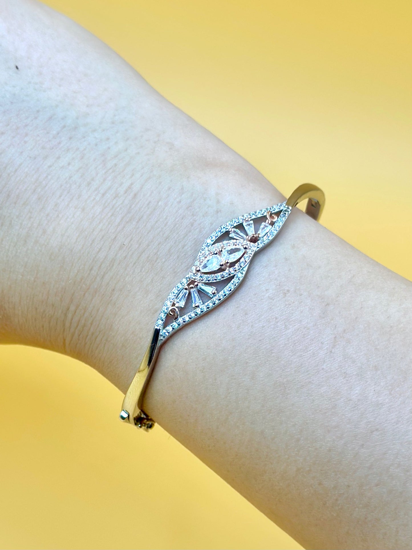 Stone and zircon studded, fine detailing sterling silver cuff bracelet