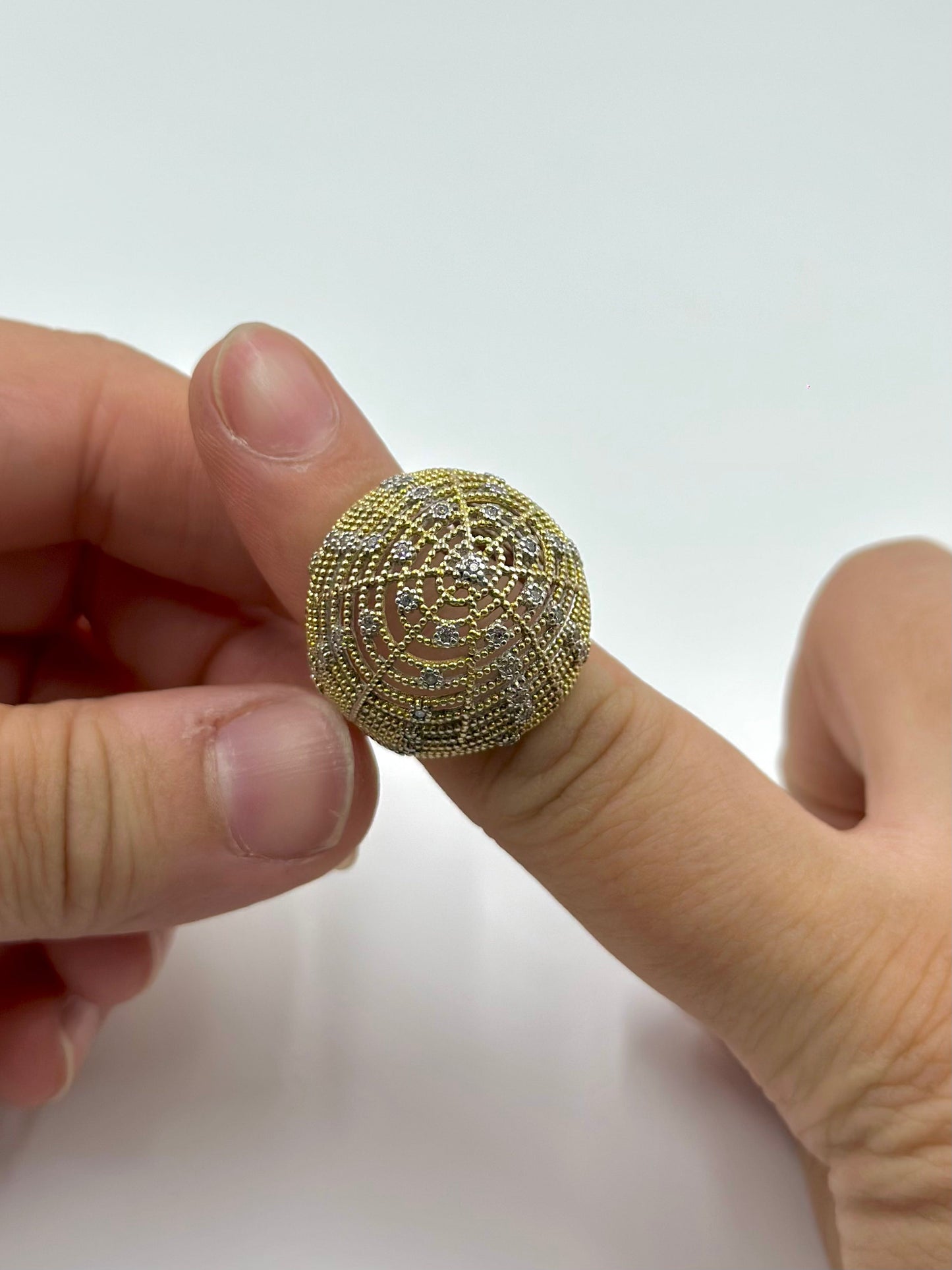 Zircon studded, gold polish sterling silver cocktail ring