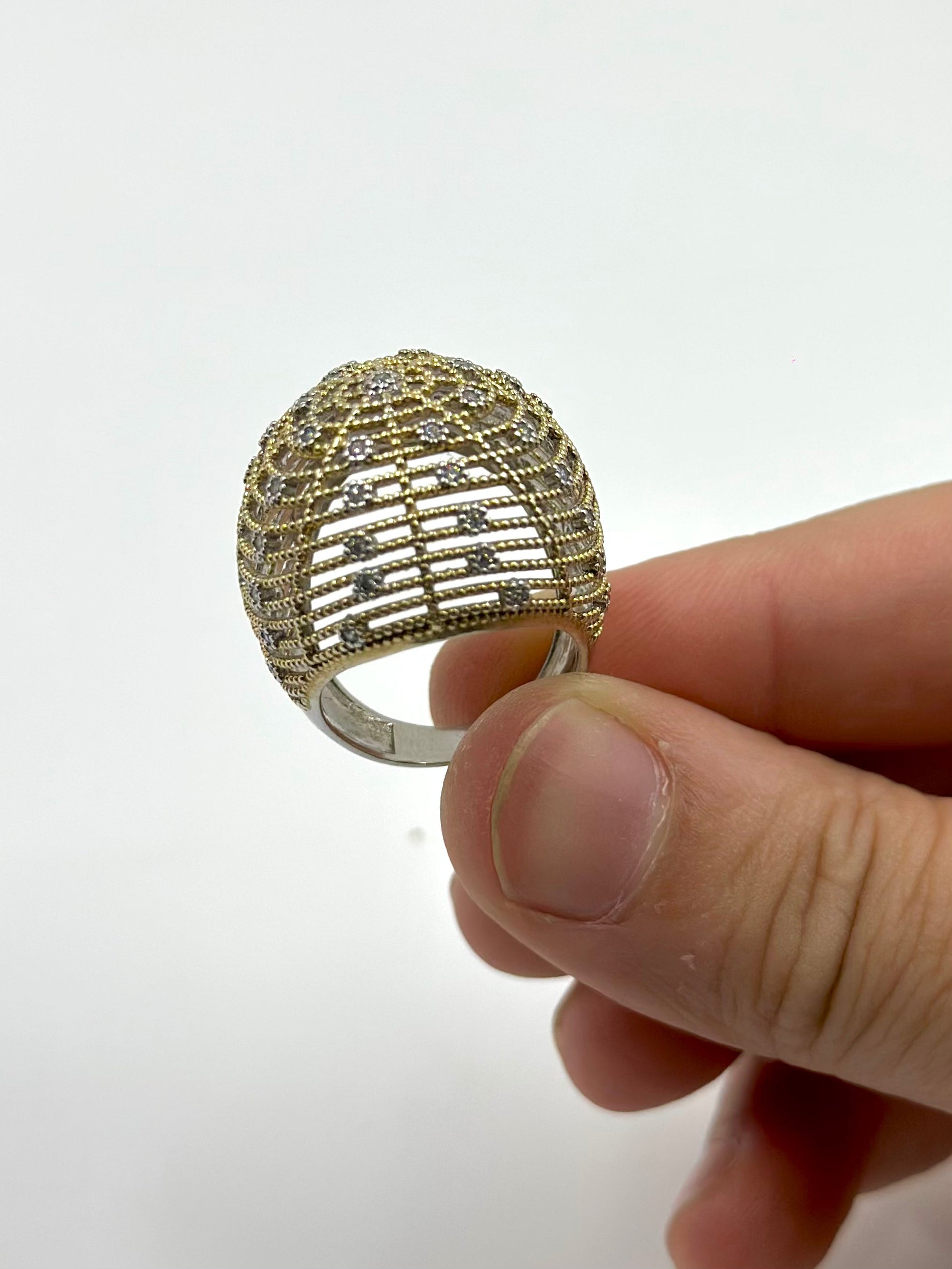 Zircon studded, gold polish sterling silver cocktail ring