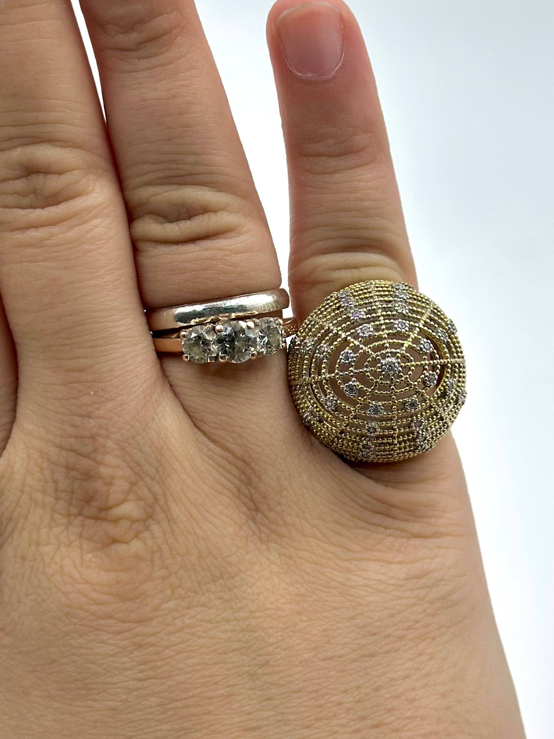 Zircon studded, gold polish sterling silver cocktail ring