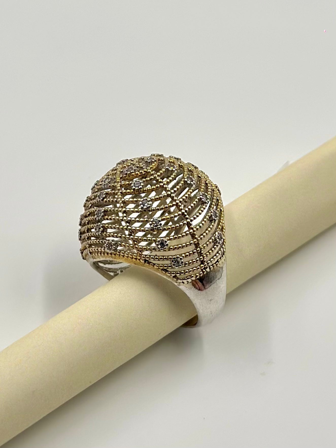 Zircon studded, gold polish sterling silver cocktail ring