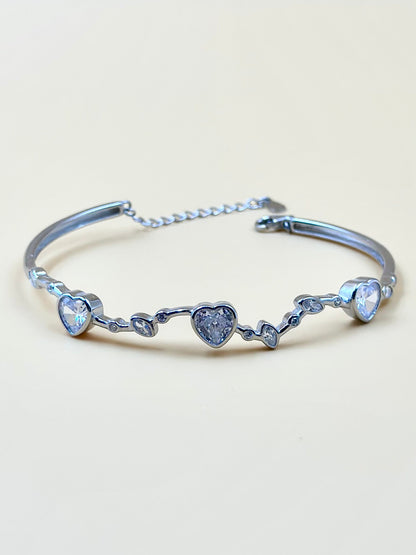 Heart shaped stones studded sterling silver cuff bracelet