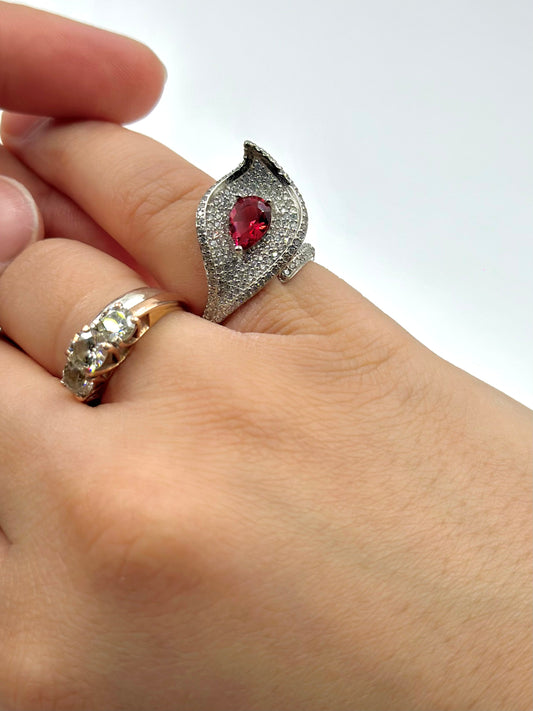 Ruby and zircon studded sterling silver cocktail ring