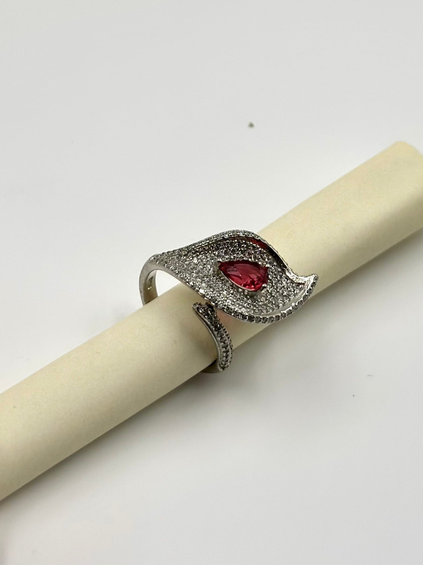 Ruby and zircon studded sterling silver cocktail ring
