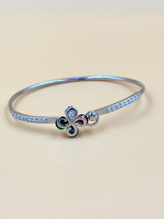 Zircon studded, flower shaped sterling silver cuff bracelet