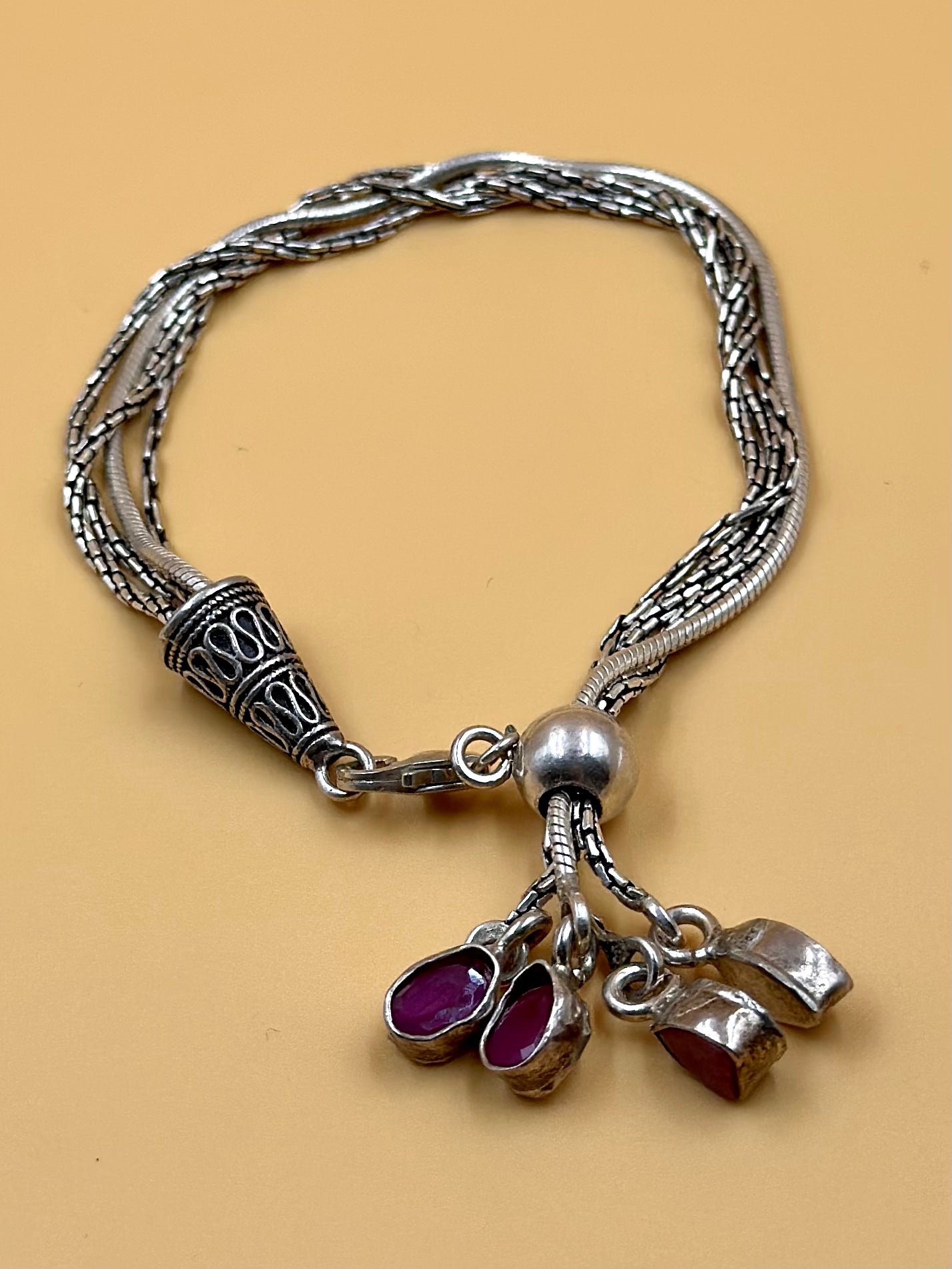 Oxidised, enamel coated with fine detailing sterling silver link bracelet