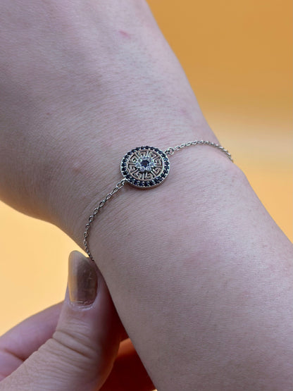 Stones and zircon studded, fine detailing sterling silver link bracelet