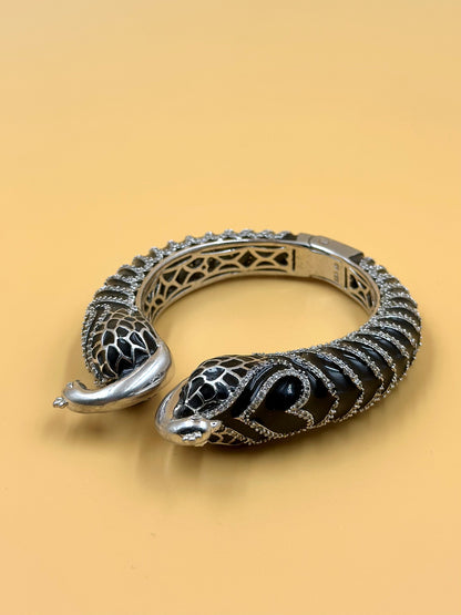 Zircon studded, peacock shaped sterling silver cuff bracelet