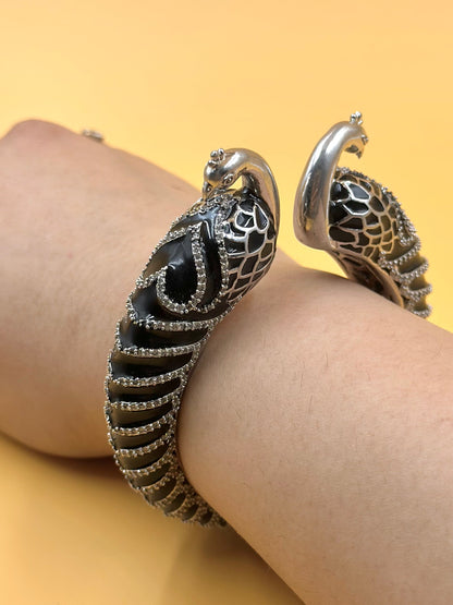 Zircon studded, peacock shaped sterling silver cuff bracelet