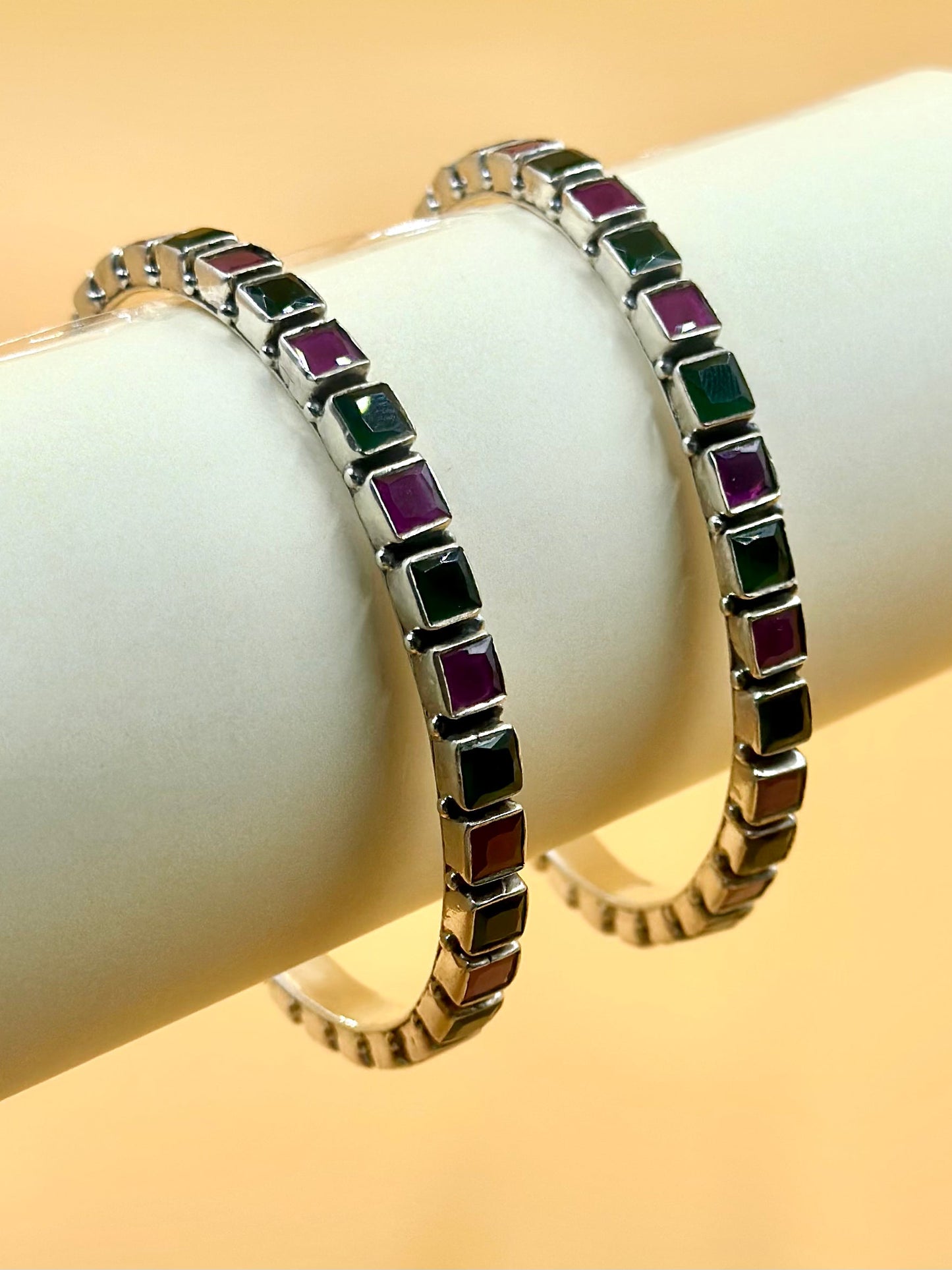 Square-cut gemstones studded sterling silver bangle