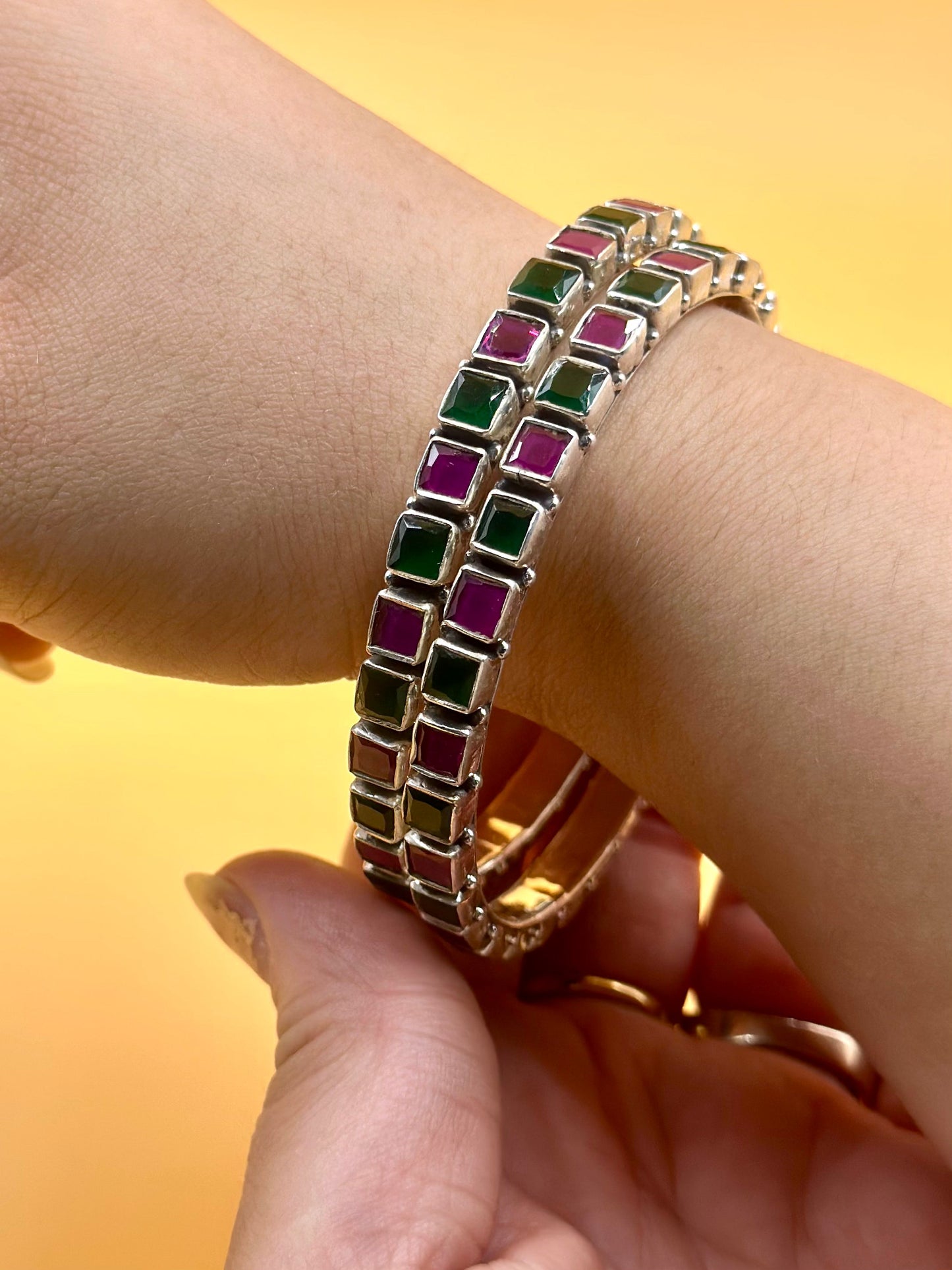 Square-cut gemstones studded sterling silver bangle