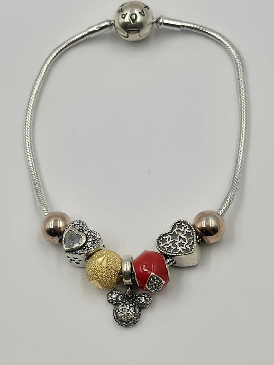 Zircon studded, heart-micky-circle shaped charms sterling silver charm bracelet