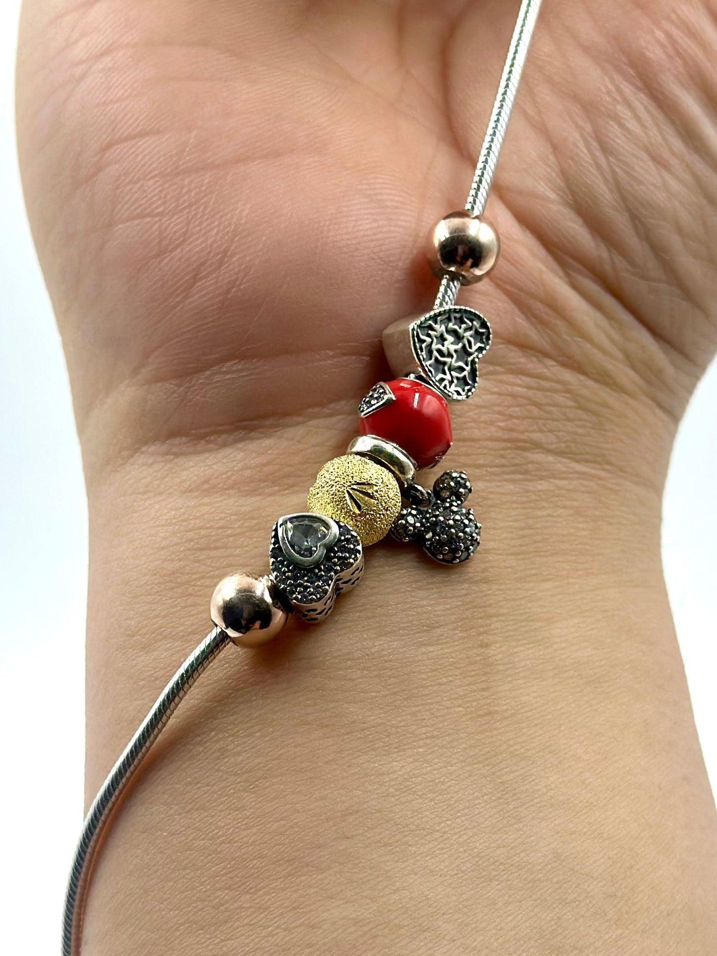 Zircon studded, heart-micky-circle shaped charms sterling silver charm bracelet